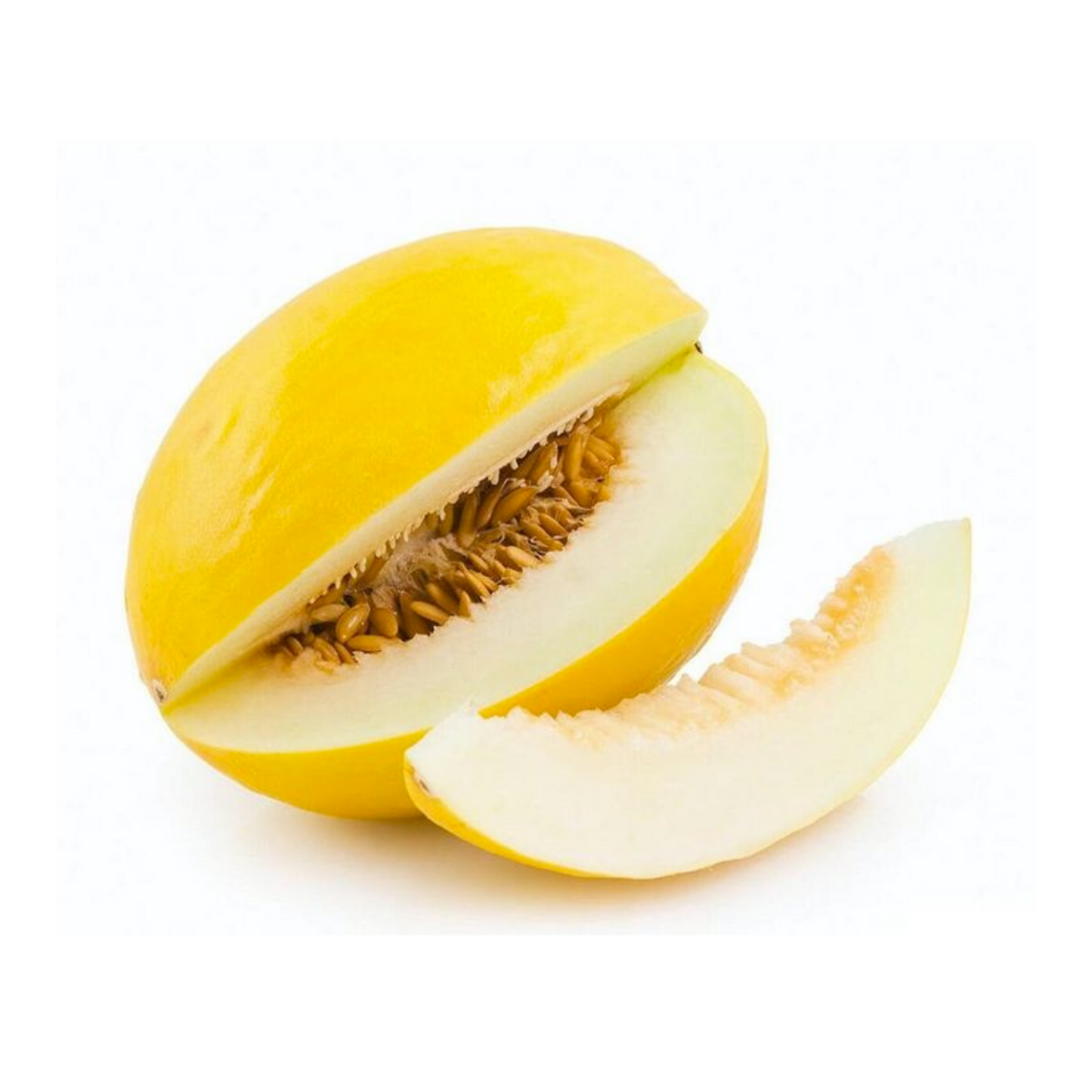 Sliced yellow honeydew melon reveals juicy, pale green flesh and white seeds.