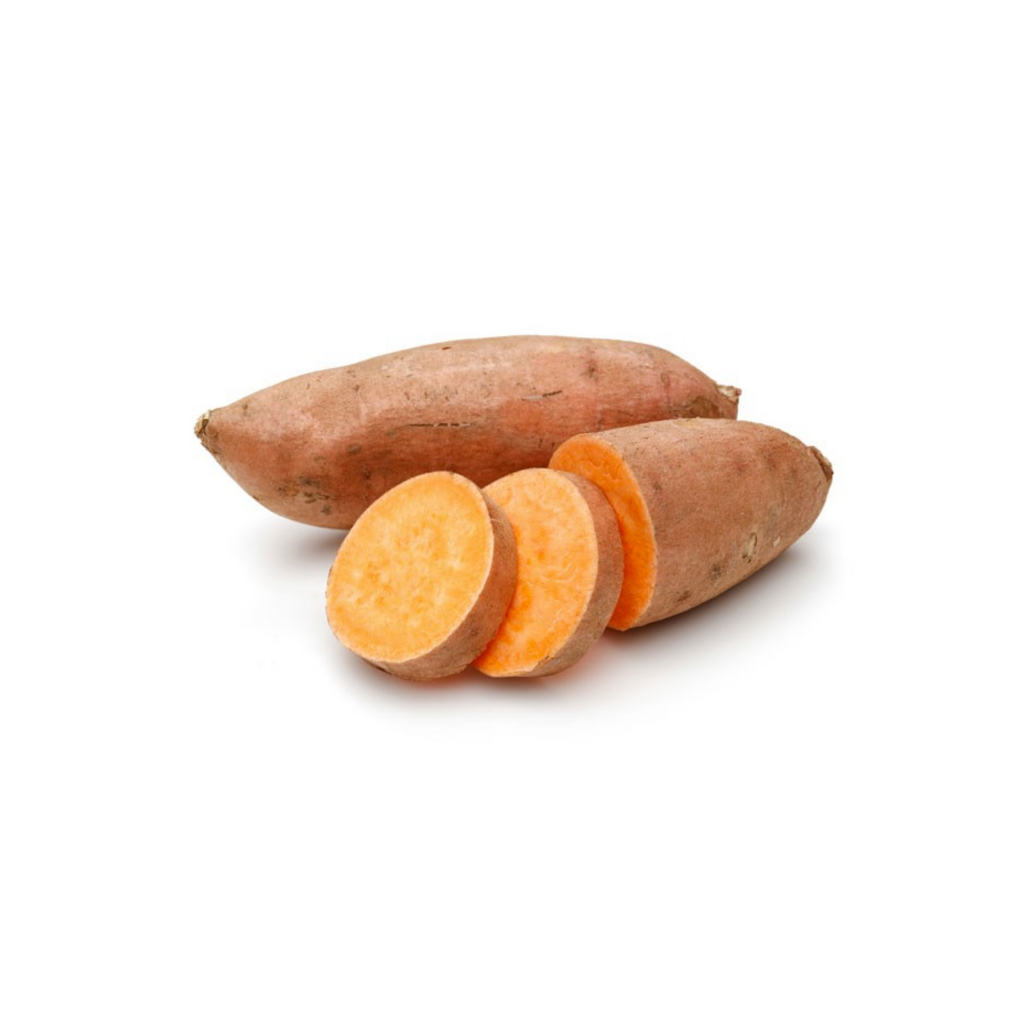 Two whole sweet potatoes lie beside several slices with vibrant orange flesh.